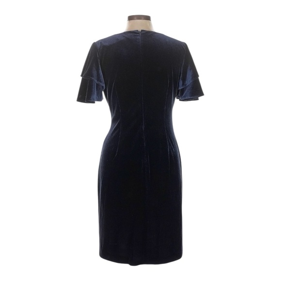DKNY Velvet Sheath Dress NWT 10 Navy Tiered Flutter Sleeve Ruched Holiday Party - Picture 2 of 10